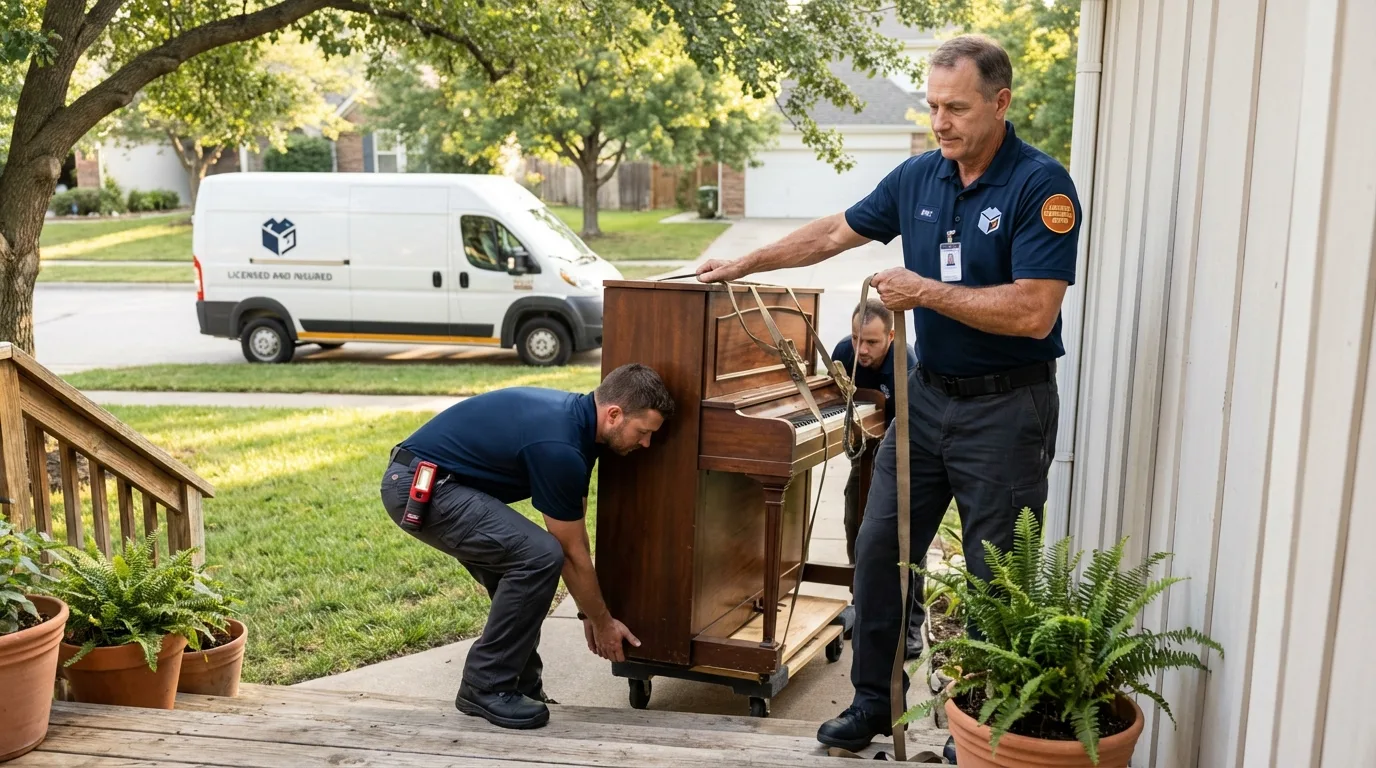 Licensed piano movers securing grand piano in Saint Paul Park, MN