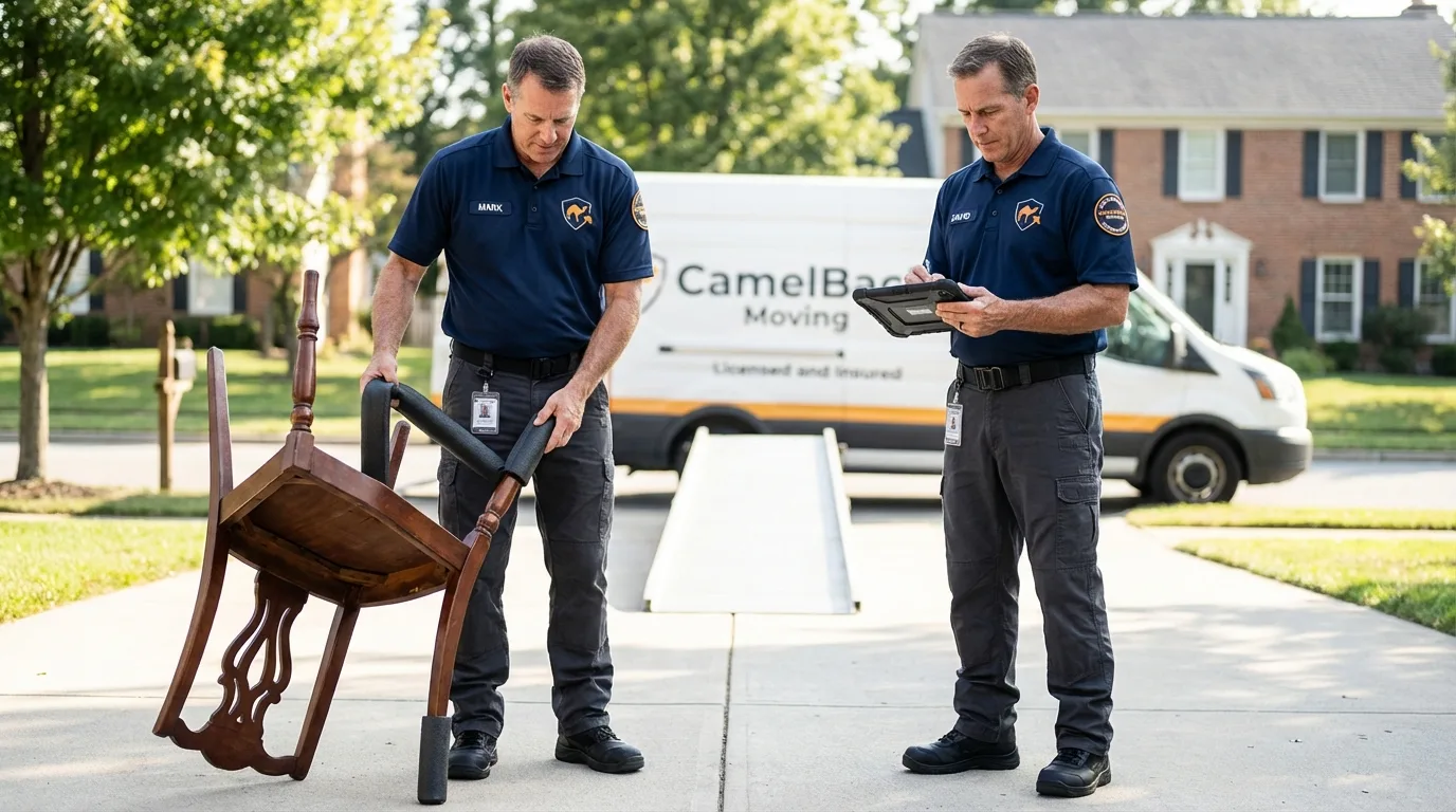 Movers inspecting furniture for damage prevention before loading in Saint Paul Park, MN