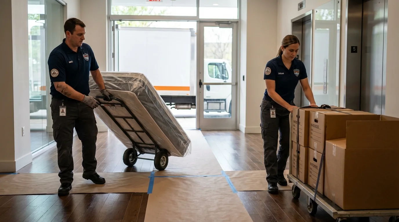 Professional apartment movers loading elevator in Saint Paul Park, MN
