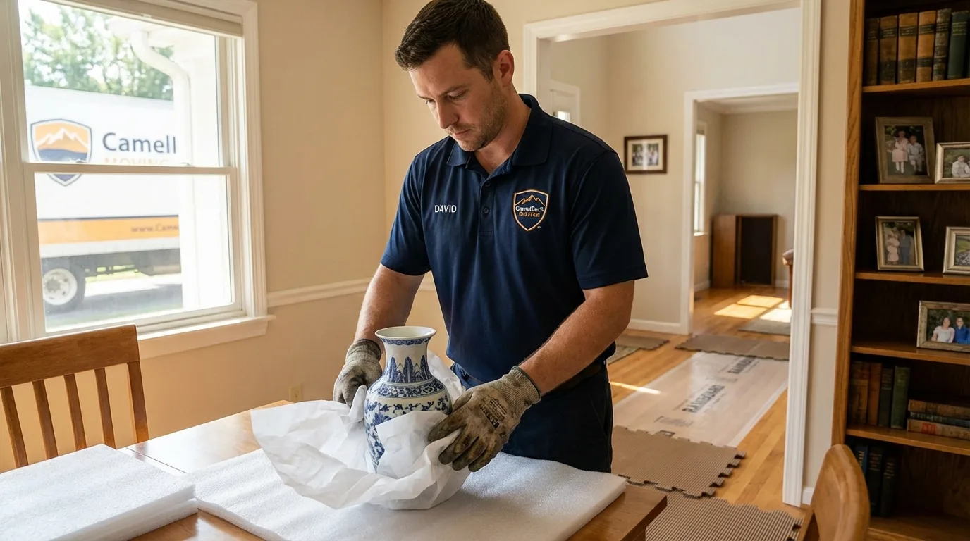 Professional crew carefully wrapping antique vase for senior downsizing move in Saint Paul Park, MN